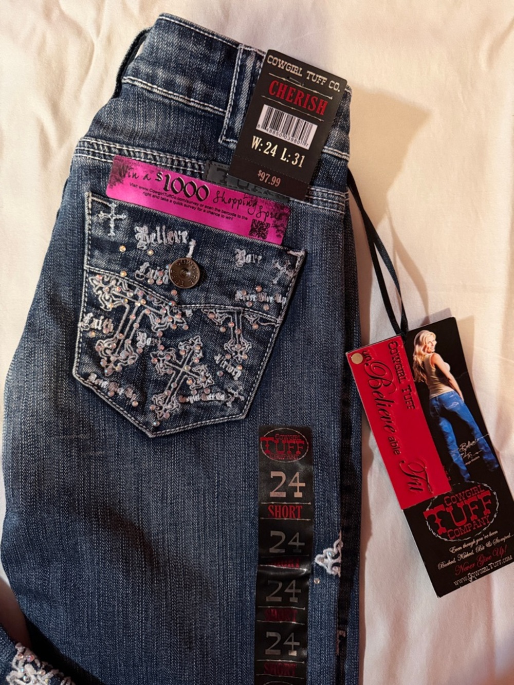 Cowgirl Tuff‎ Cherish Blue Boot Cut Jeans with Cross Embroidery - Picture 2 of 7